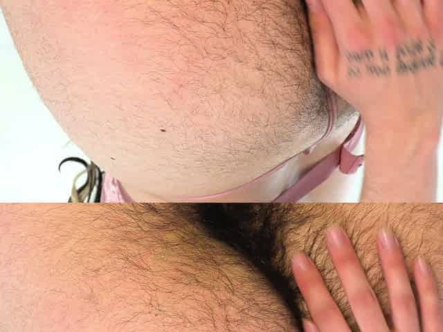 Hairy Woman Spreads Buttocks Beside Tattooed Man in Field