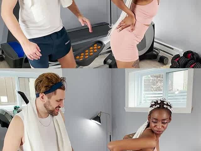 Ebony seductress Mocha Honey and hunky Dave March heat up the gym with steamy interracial passion