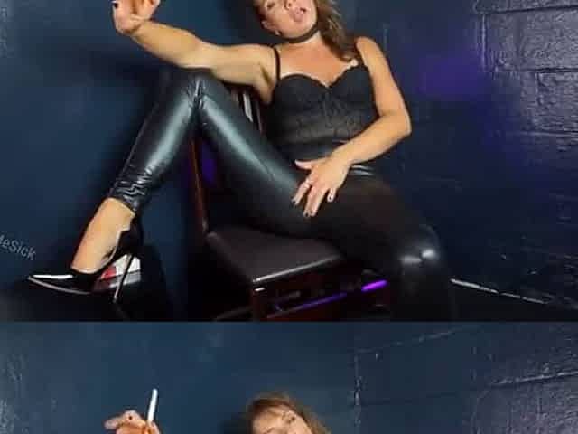 Smoking in leather pants with cough