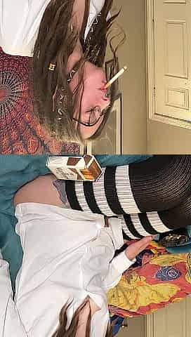 smokin' a cigarette wearing glasses and haunch highs and playing with my juicy cunt