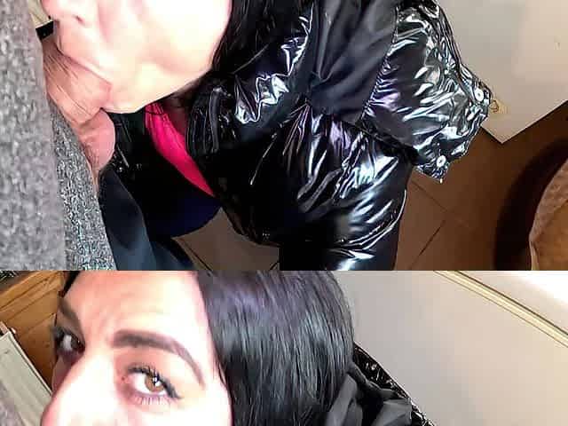 Sloppy deepthroat with plush downjacket flicks
