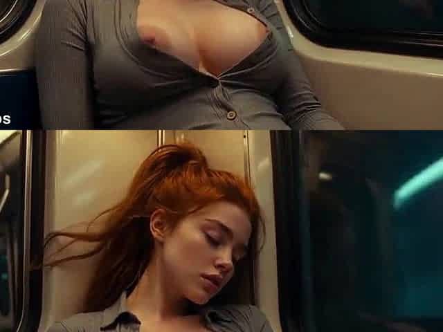 Redhead with large, marvelous melons bouncing whilst riding a educate - AI Generated