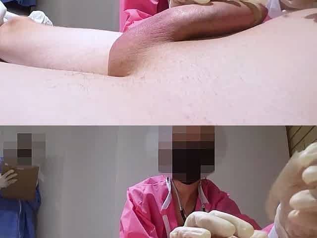 Two nurses tease my cock with their hands and then one of them starts riding it in reverse cowgirl position