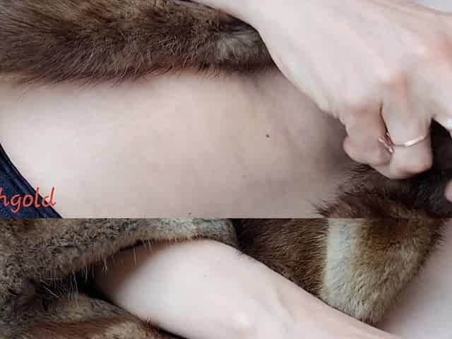 Little Bitch with Long Labia Pussy Lips Masturbates in a Fur Coat on the Balcony