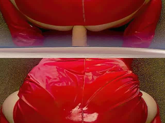 Sissy floozy in red pvc costume riding sex-toy with ejaculation