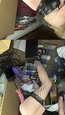 Massive vibrator, fishnet nylons and screwing machine