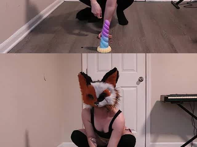 Cute femboy jumps on a unicorn toy