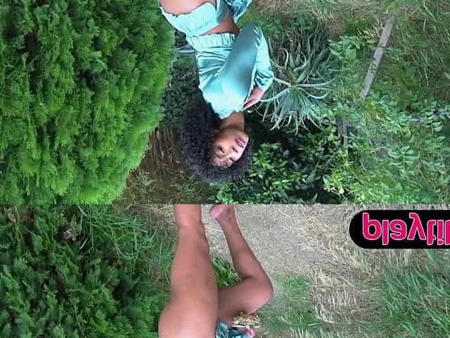 Bootylicioused petite ebony mom strips outdoor