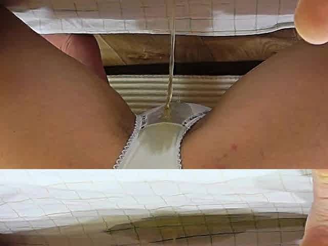 A vagina pissing in her white pants. A brunette hair pisses a lot at home.
