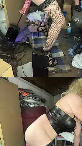 Massive sex toy, fishnet nylons and banging machine