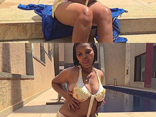 awesome gal masturbate her cunt near the swimming pool
