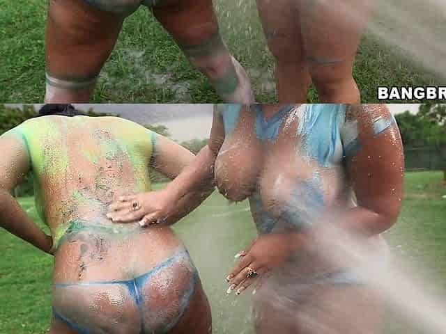 Captivaing curvy bitches Angelina and Destiny share a cock outdoors