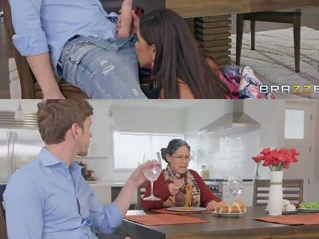 Dude fucks super sexy stepmom Diamond Kitty under granny's nose