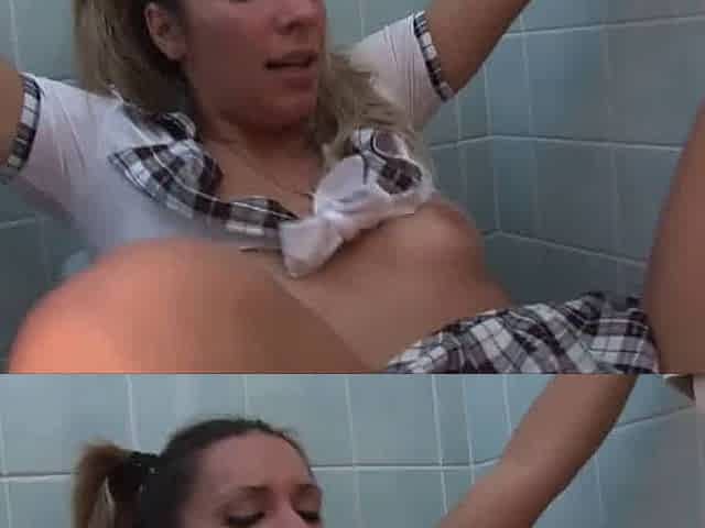 Young and naughty college girl roughly fucked in a double penetration by two students in locker room