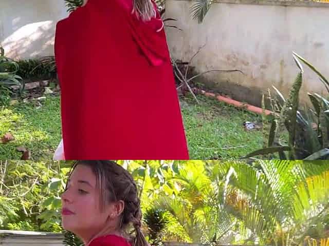 Little Red Riding Hood lost a fruit from her basket and is looking for it in the wolf's panties.