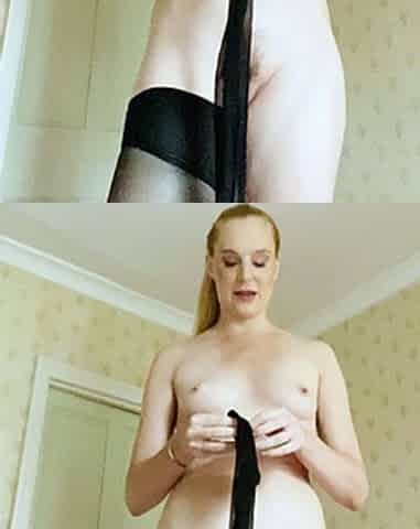 Amateur shaved blonde in fishnet stockings