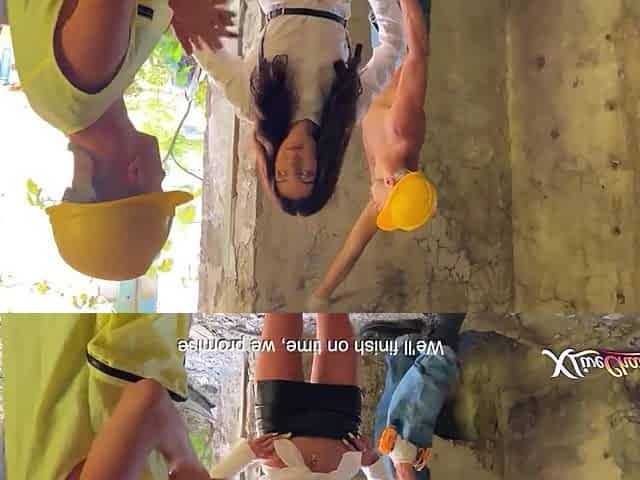 Construction Workers Gangbang Horny Brunette in Ruins Double Penetration