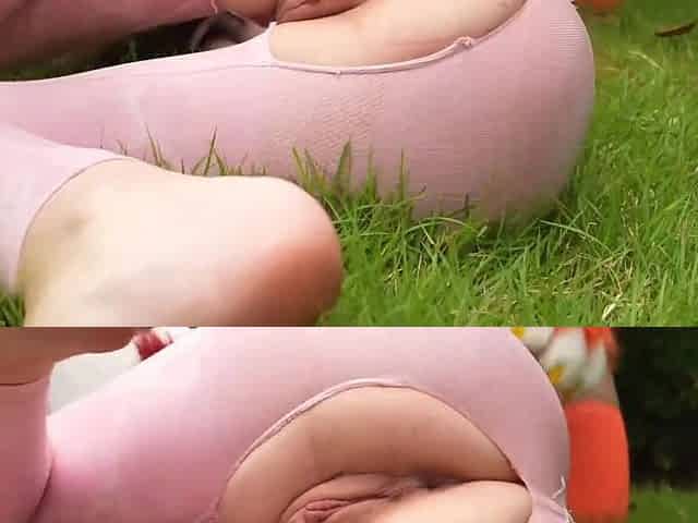 Redhead furry girl having fun outside and giving her master a pawjob
