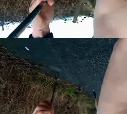 Bare with and out of jock pump at side of busy road