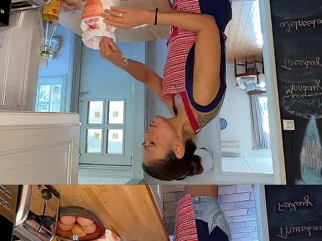 Sexy wife with astounding natural titties gets her twat filled whilst working in the kitchen.