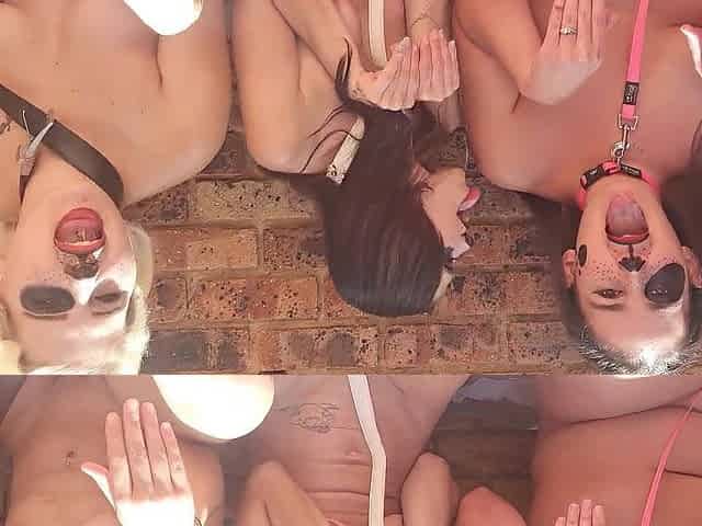 three drooling topless whores sitting outside sticking tongues out - enormous make up - spit fetish