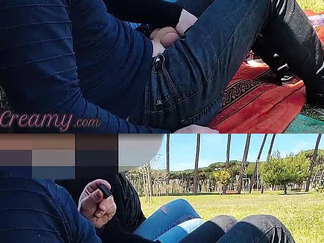 French Teacher Tugjob Amateur on public park to student with Jizz flow - MissCreamy
