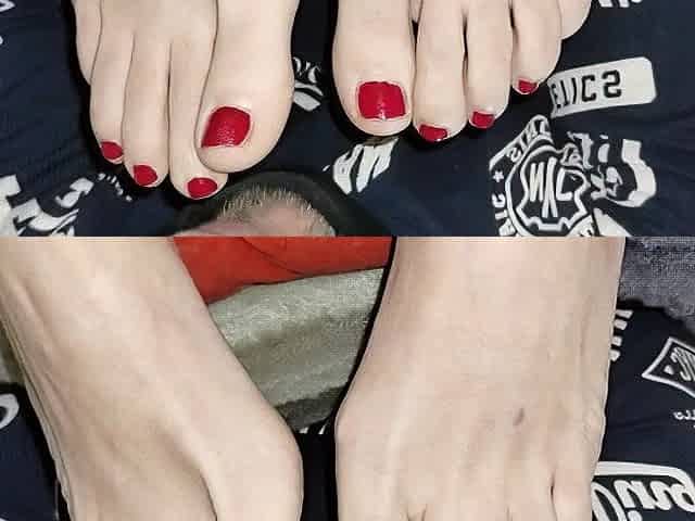 Cuckold licks my preggy girlfriend's feet and sucks her toes also