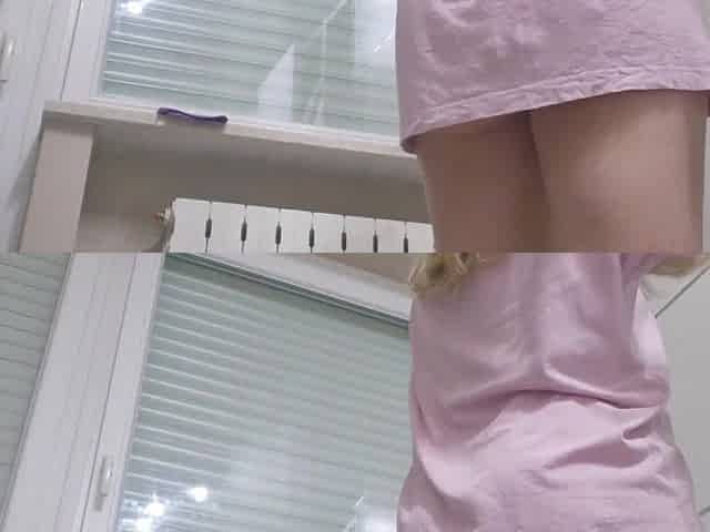 blond gets perspired and gets in nature's garb and shows her cunt at the end