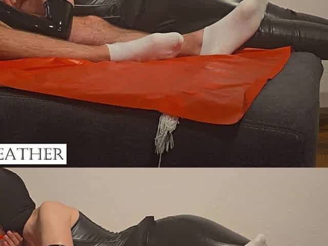 Sexy Leather Girl Gives a Long Blowjob and Swallow His Cum in the End