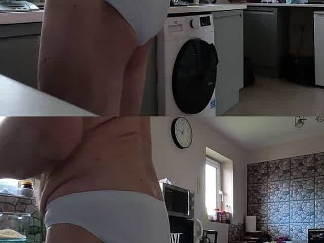 Preparing my food in my swimming trunks