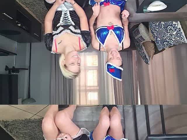 Brunette hair and a Blond chain smokin' in hot fetish outfits - two gals smokin' - snatch flashing