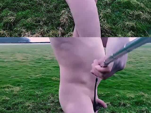 Lengthy bare walk in feild then walk onto main track and cum