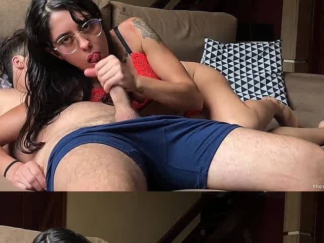 Sexy latina girl in glasses sucking my dick on the couch and rides me