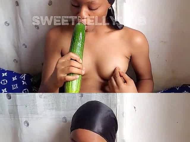Large Cucumber: eighteen Year old Nelly squirts using large Cucumber