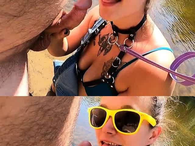 Big-Titted Brunette Gives Public Blowjob by the River!