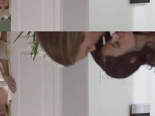 Blondie watching his cheating bf fucks with her stepmom on a bed