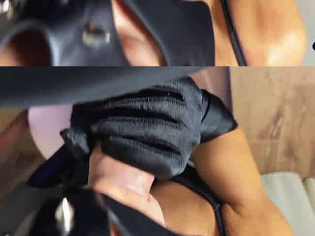 She seduced her BF in her leather dress, letting him jism on her tits. A passionate, sloppy suck off followed.