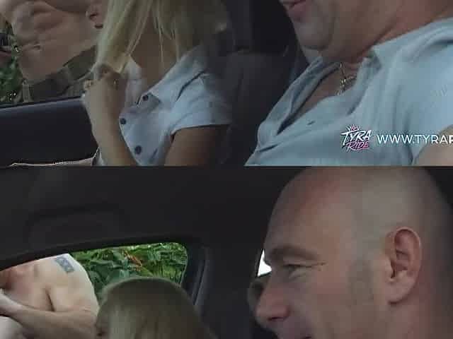 Blond in Car During Exposed Beach Film Shoot with Crew