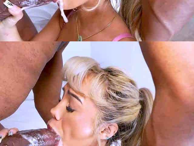 Blonde Asian Sucks BBC on Knees