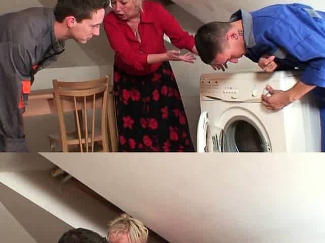 Two repairmen share very old blonde granny