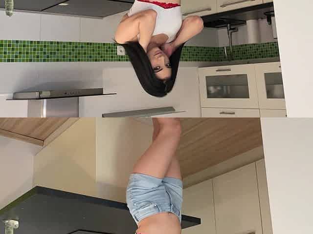 Emily Pink, sexy brunette from medellin, colombia, masturbating in the kitchen.
