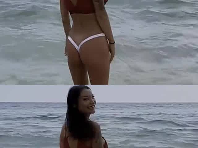 Monika Fox - White Panties And Burgundy Top Walks Along Beach And Swims In Sea