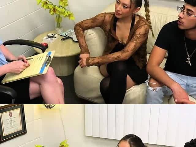 Therapy threesome on the sofa with hot patients