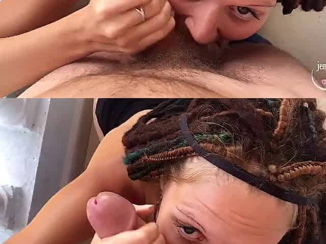 Tattooed angel gets large schlong from booty to throat on the balcony