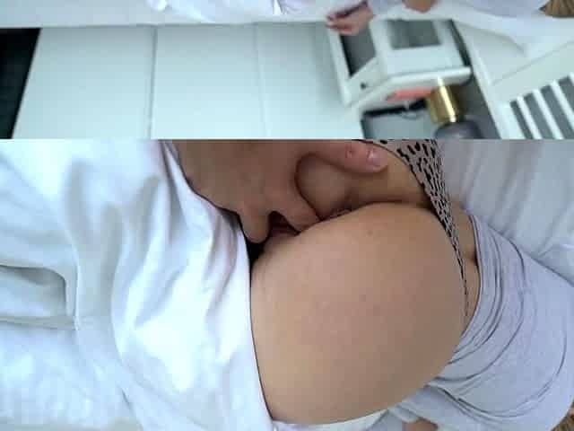 step mom shares a bed with her step son in a hotel room -