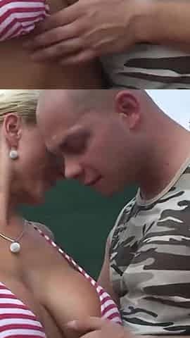 Blonde milf with huge boobs gets fucked outdoors