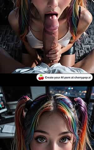 Rainbow pigtail girl sucks pov cock in office cum facial