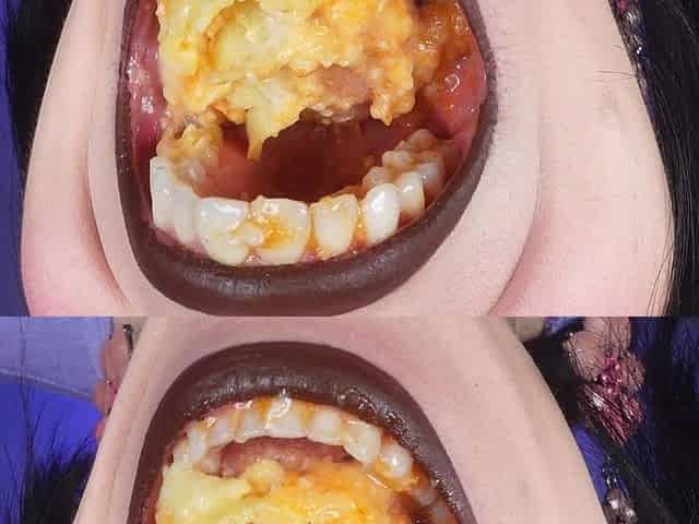 I Eat Lasagna - Close-up of My Mouth, 24 Teeth and Dark Brown Lipstick