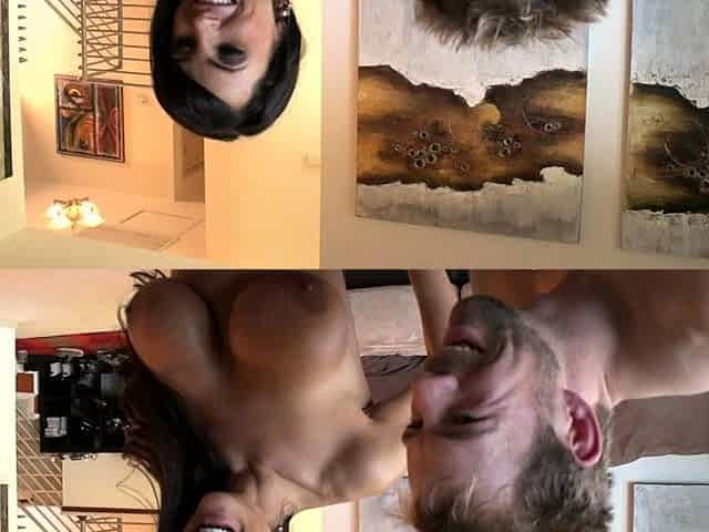 Busty curly brunette with big boobs fucks on couch