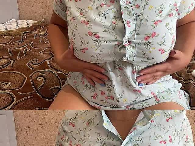 Step sister with large breasts in red pants caressing vagina